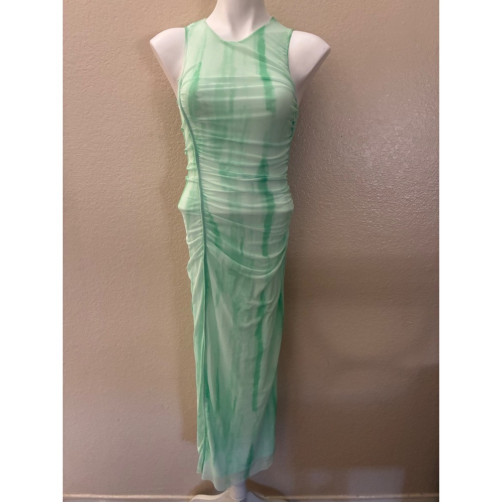 Zara Green Tie Dye Mesh Ruched Maxi Dress Sleeveless Small